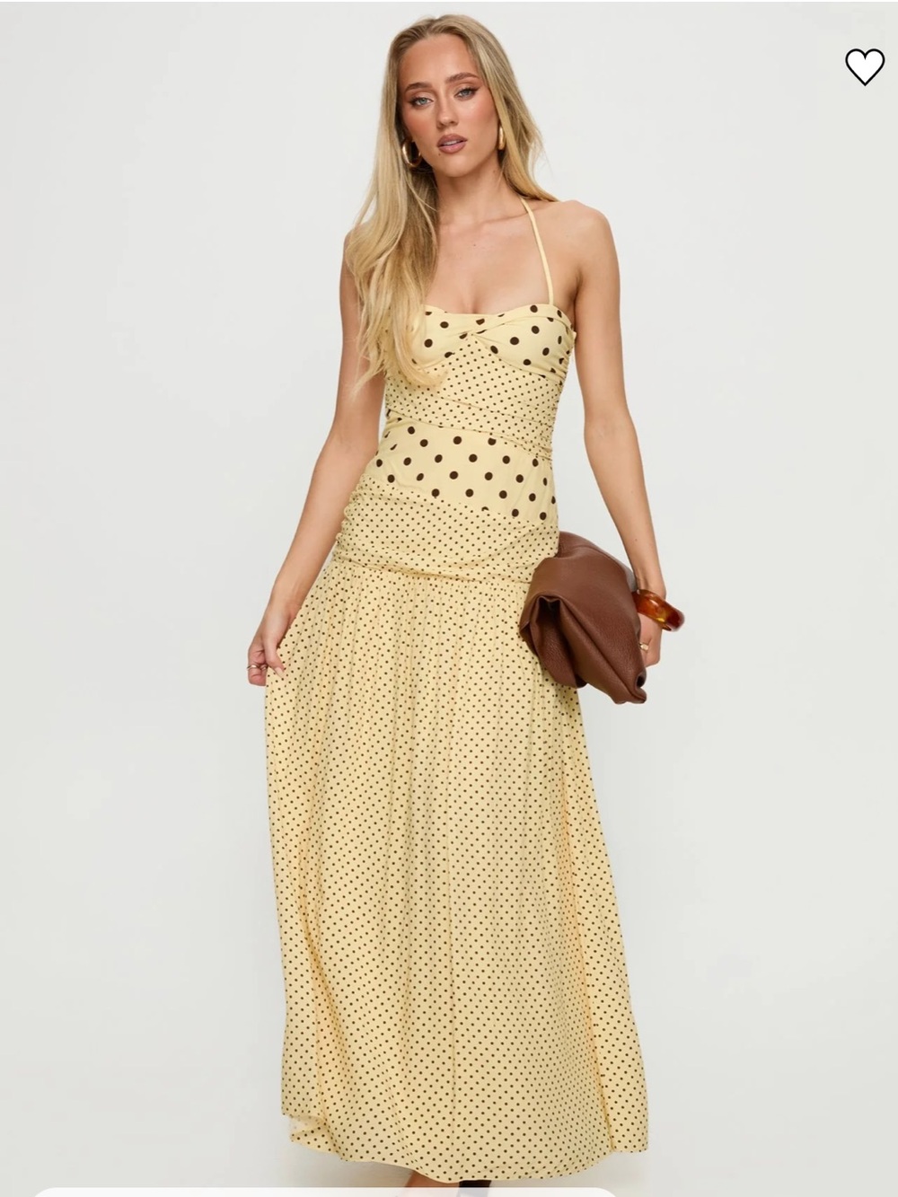 Princess Polly Marguerite Halter Maxi Dress Lemon / Brown Polka Dot